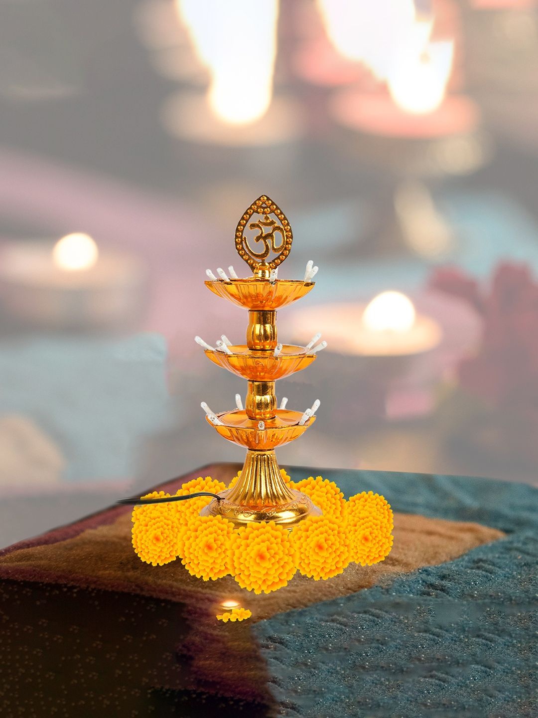 

Kuber Industries Gold Toned 4 Pieces LED 4-Layer Diya Stand for Mandir With Om Design