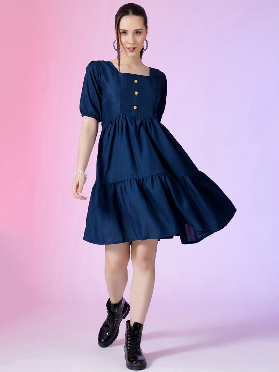 

Femvy Women Square Neck Puff Sleeve Fit & Flare Dress, Blue