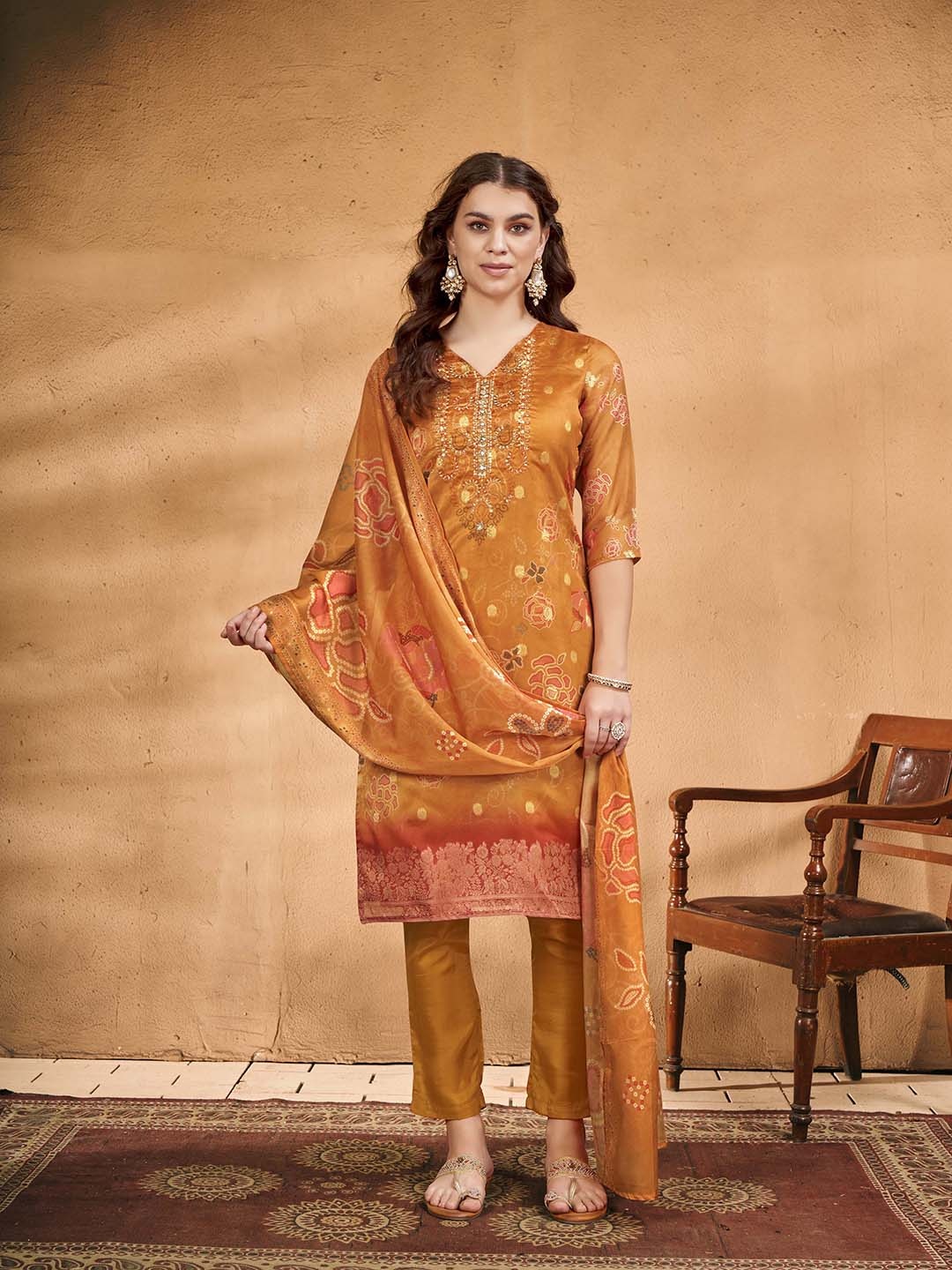 

Anouk Floral Printed Beads and Stones Organza Straight Kurta With Trousers & Dupatta, Mustard