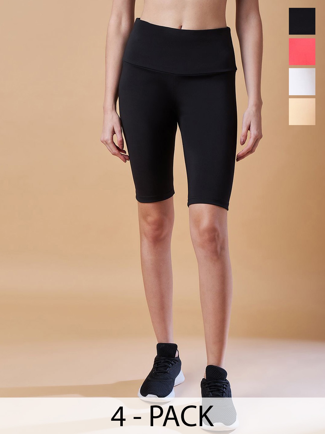 

COLOR CAPITAL Pack Of 4 Women Solid High Rise Above Knee Gym Tights, Black