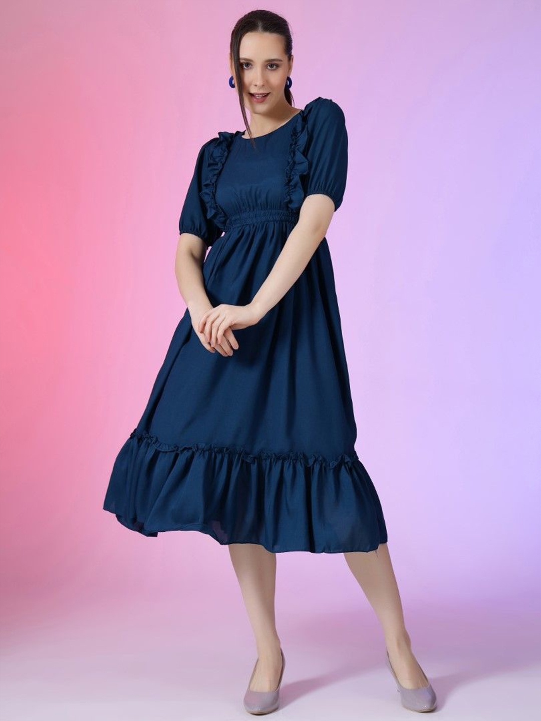 

Krunal Raiyani Women Puff Sleeve Fit & Flare Dress, Blue