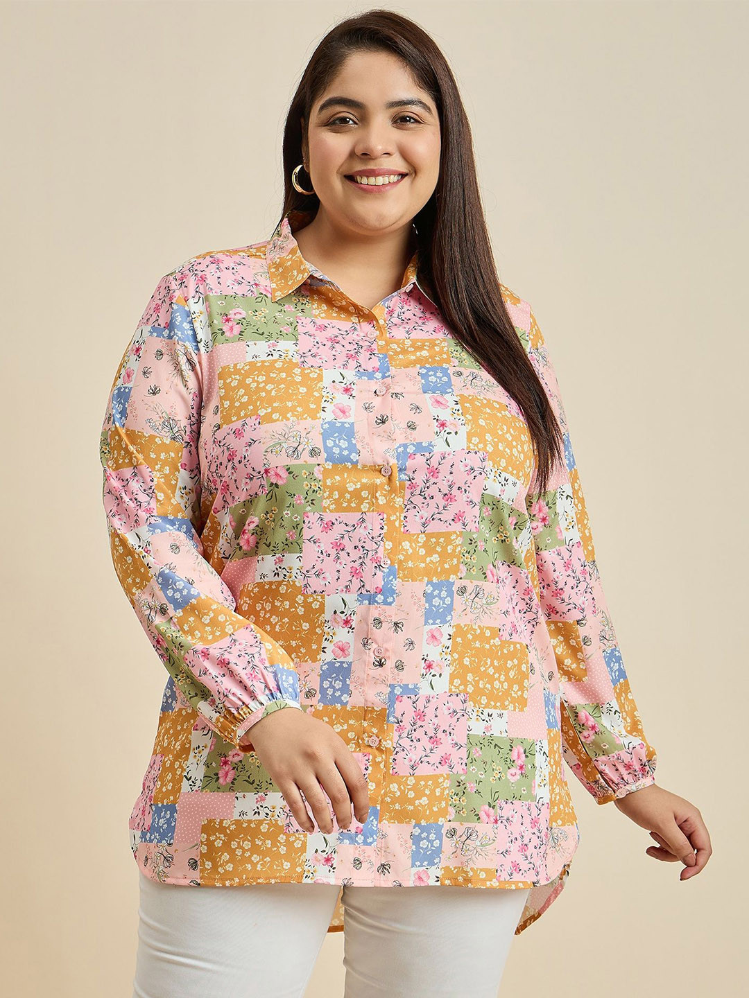

Sztori Women Plus Size Relaxed Spread Collar Floral Printed Relaxed Fit Casual Shirt, Peach