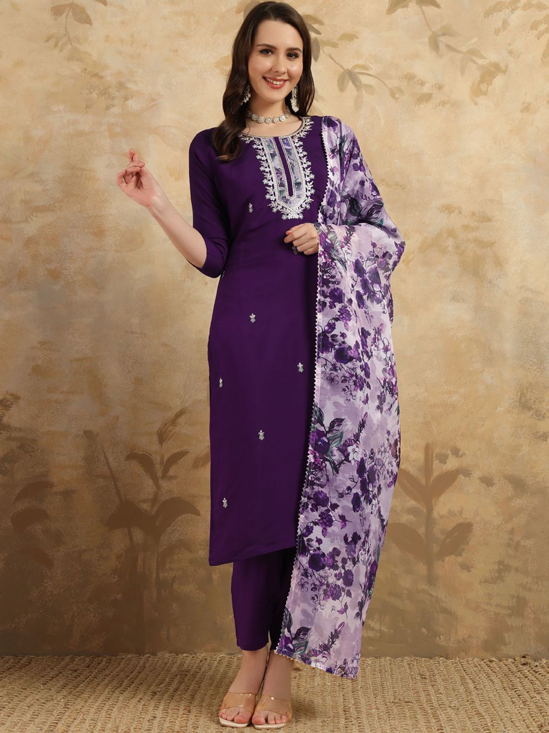 

KALINI Floral Embroidered Sequinned Chanderi Silk Straight Kurta With Trouser & Dupatta, Purple