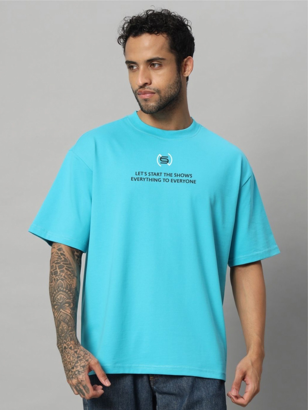 

SWAGNOX Men Typography Printed Drop-Shoulder Sleeves Applique T-shirt, Turquoise blue