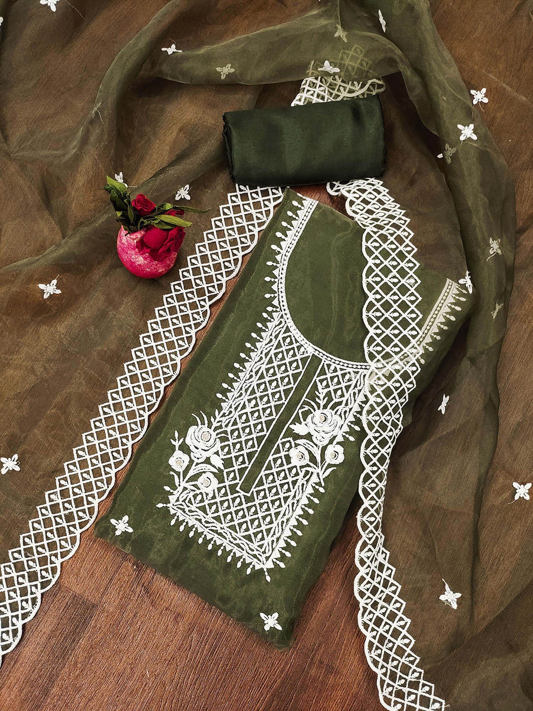 

Maroosh Floral Embroidered Zari Organza Unstitched Dress Material, Olive