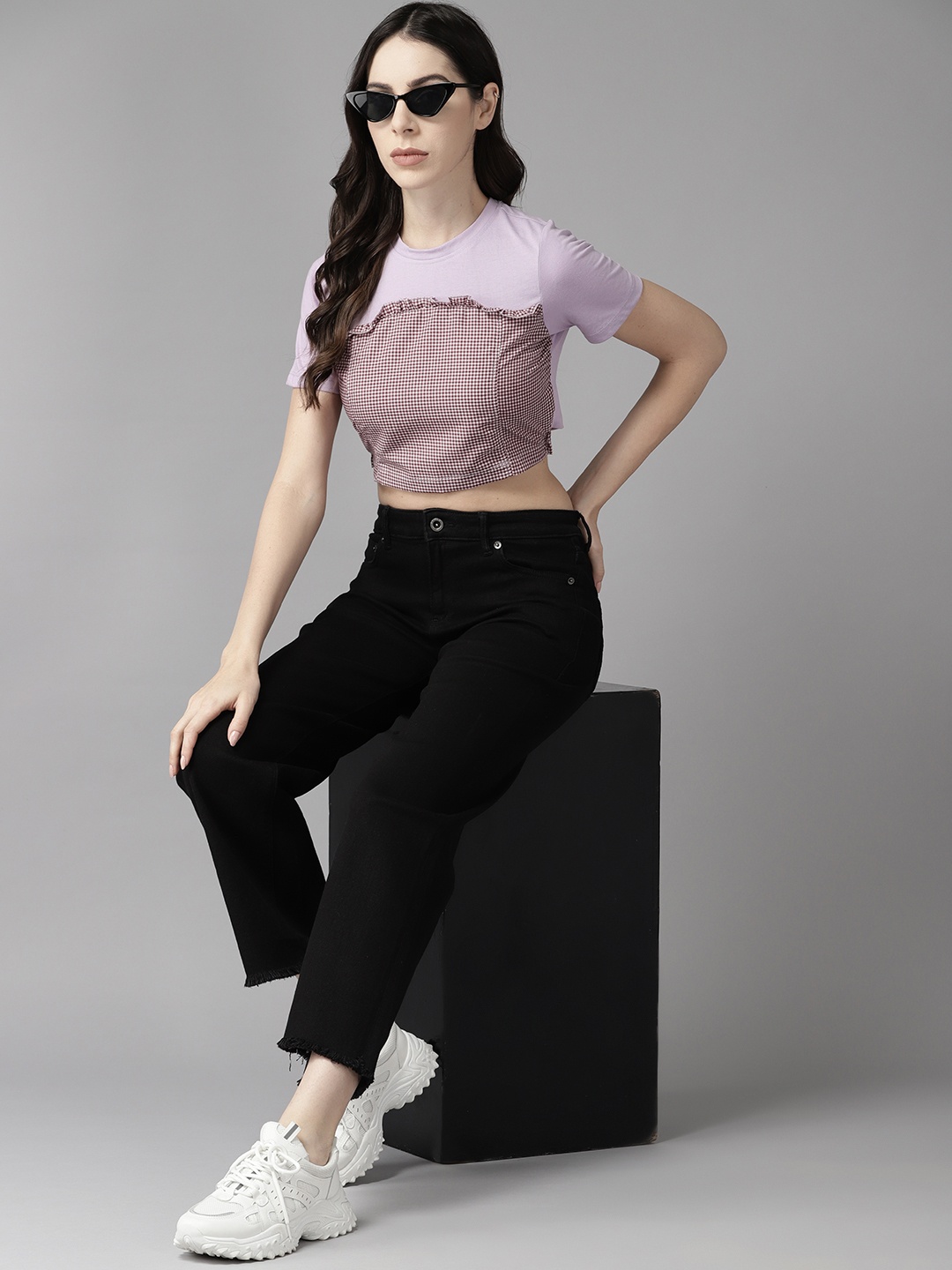 

The Roadster Lifestyle Co. Checked Tie-Up Detail Crop T-shirt, Lavender