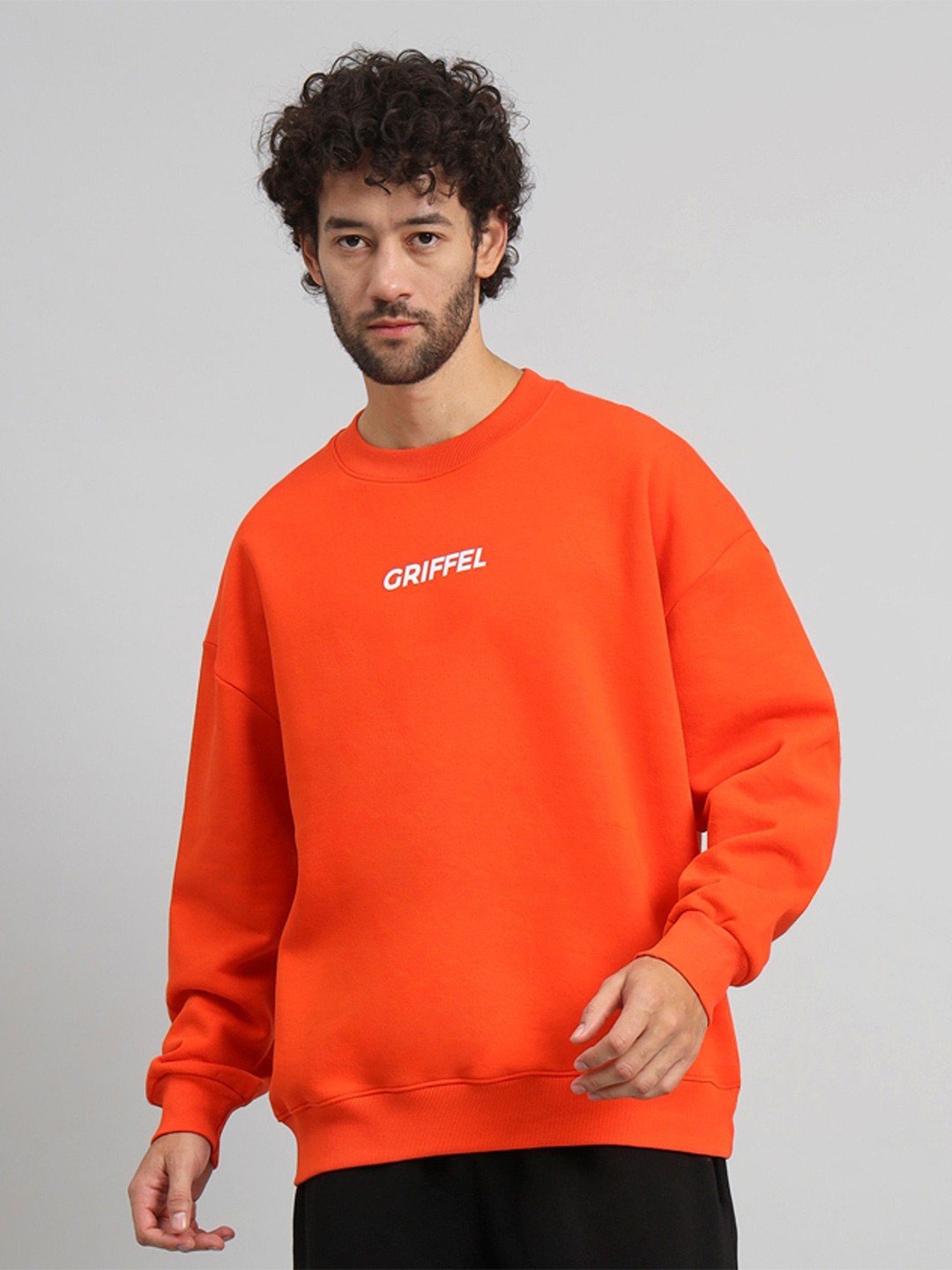 

GRIFFEL Men Typography Printed Round Neck Fleece Pullover Sweatshirt, Orange