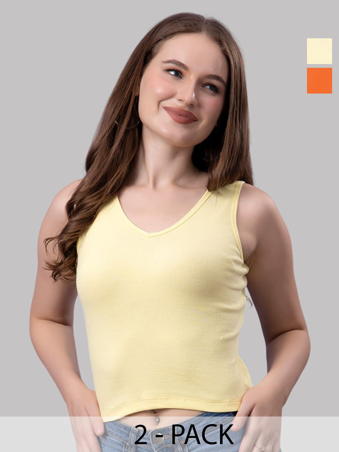 

Friskers Women Pack Of 2 Solid V-Neck Cotton Tops, Yellow