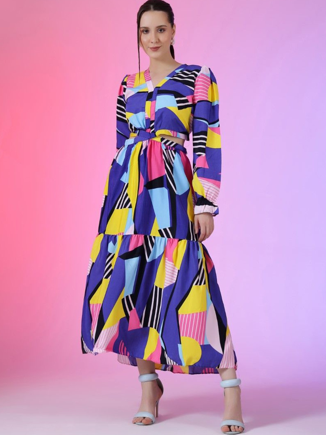 

Raiyani Enterprise Women Printed Puff Sleeves Fit & Flare Dress, Blue