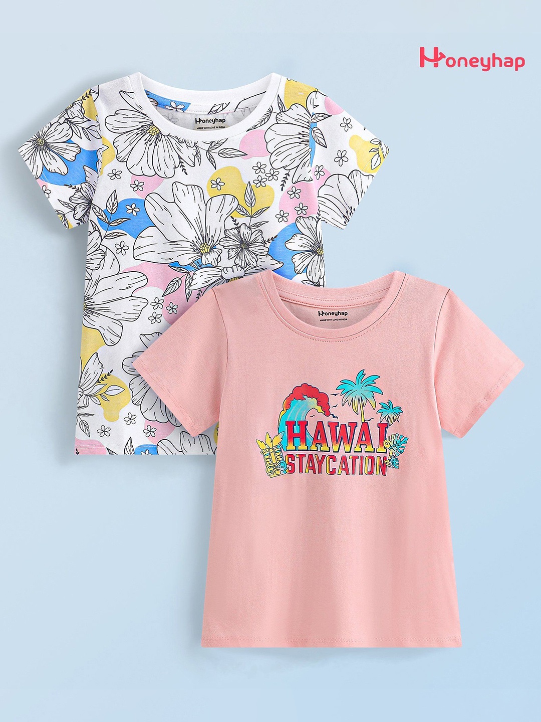 

Honeyhap Girls Pack Of 2 Floral Printed Round Neck Cotton T-shirts, White