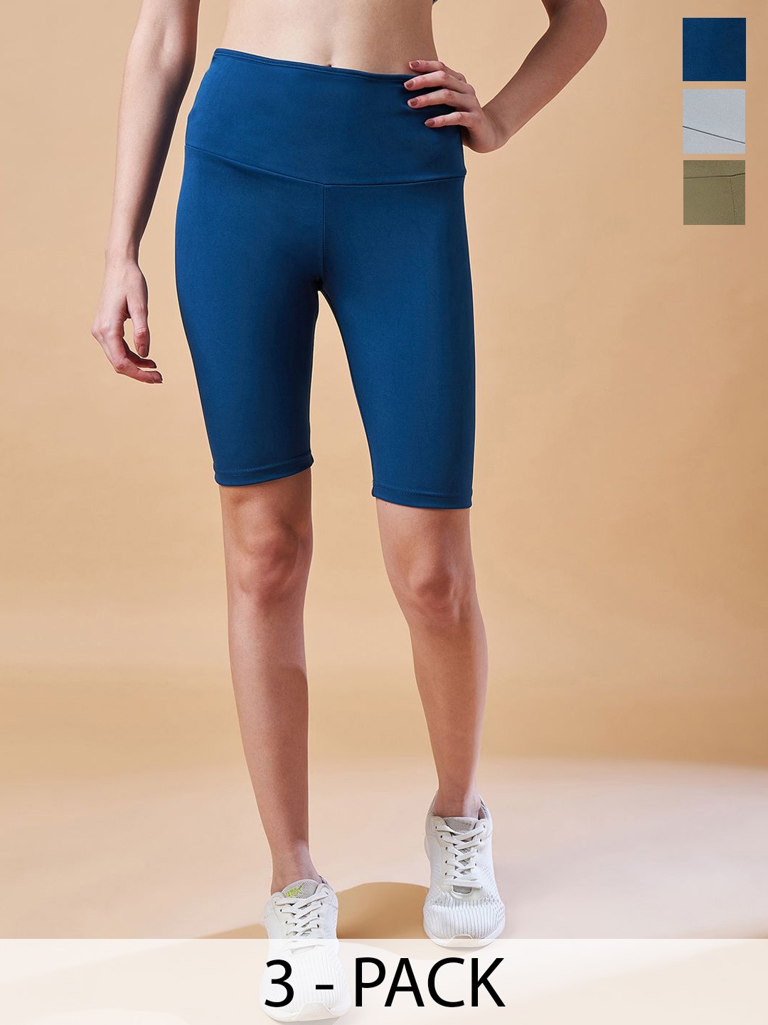 

COLOR CAPITAL Women Pack Of 3 Above Knee Length Training or Gym Tights, Blue