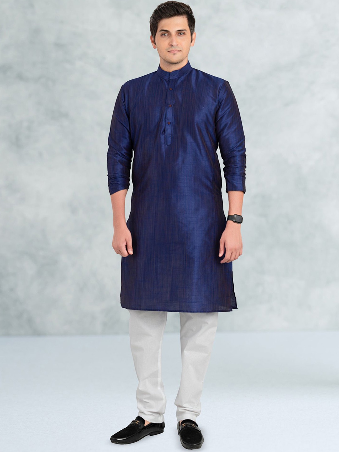 

ENCINO Band Collar Cotton-Silk Straight Kurta, Blue