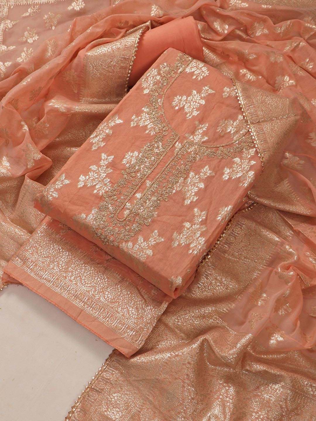 

TAVAS Ethnic Motifs Woven Design Zari Unstitched Dress Material, Orange
