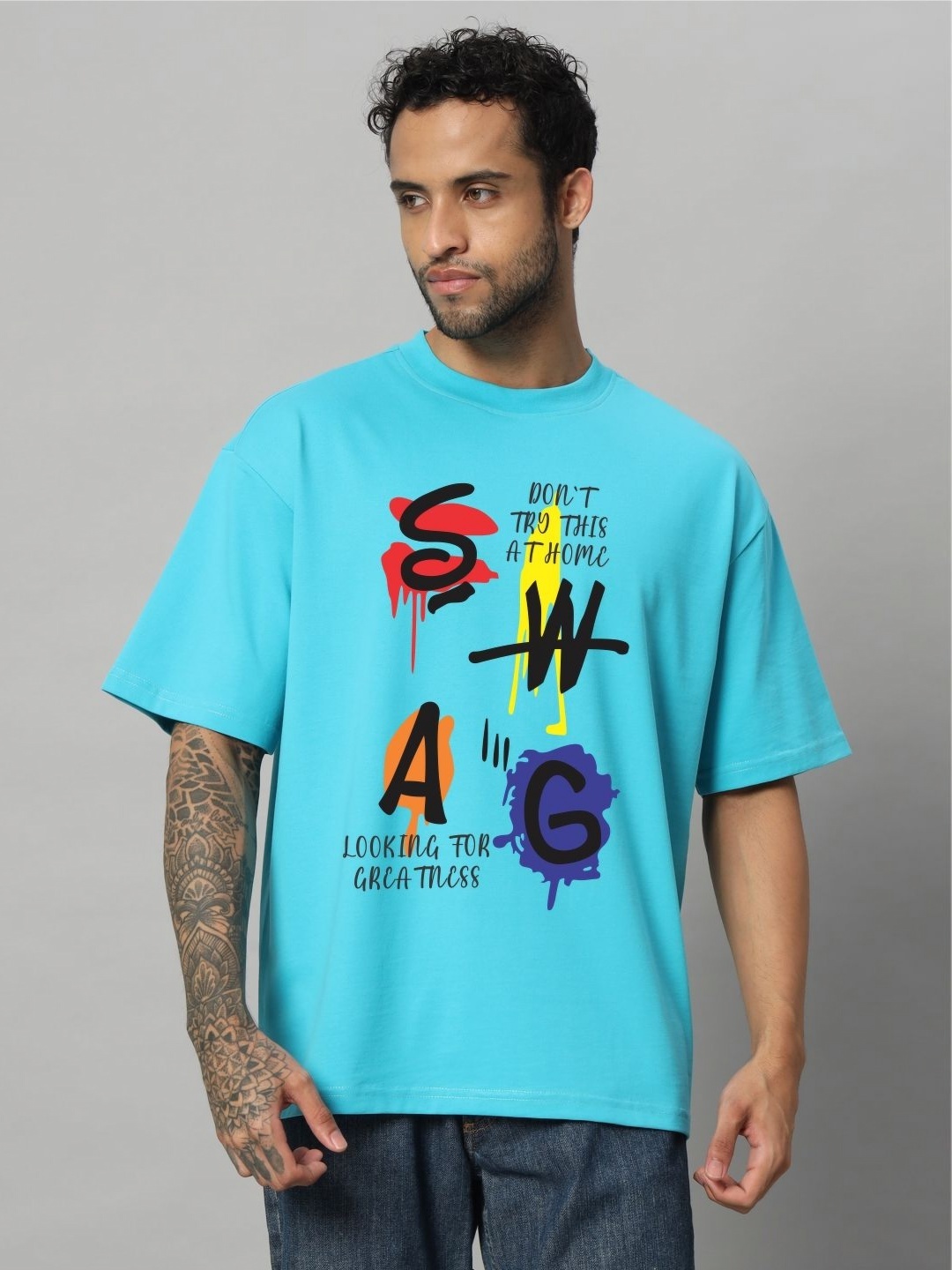 

SWAGNOX Men Typography Printed Drop-Shoulder Sleeves Applique T-shirt, Turquoise blue