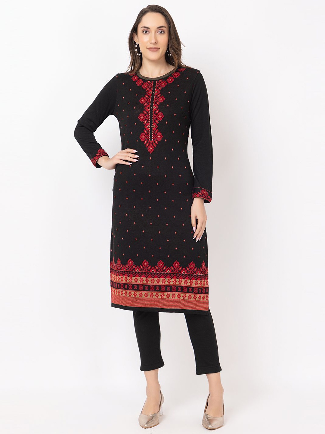 

KEIKO Ethnic Motifs Woven Design Round Neck Jacquard Straight Kurta, Black