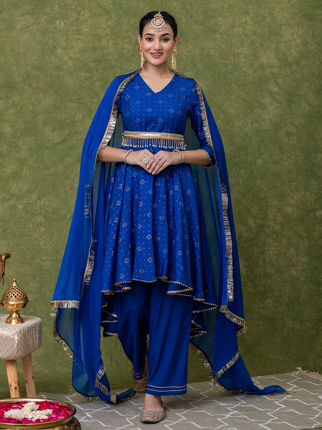 

KASYA Floral Printed Empire Anarkali Kurta with Palazzos & Dupatta, Blue