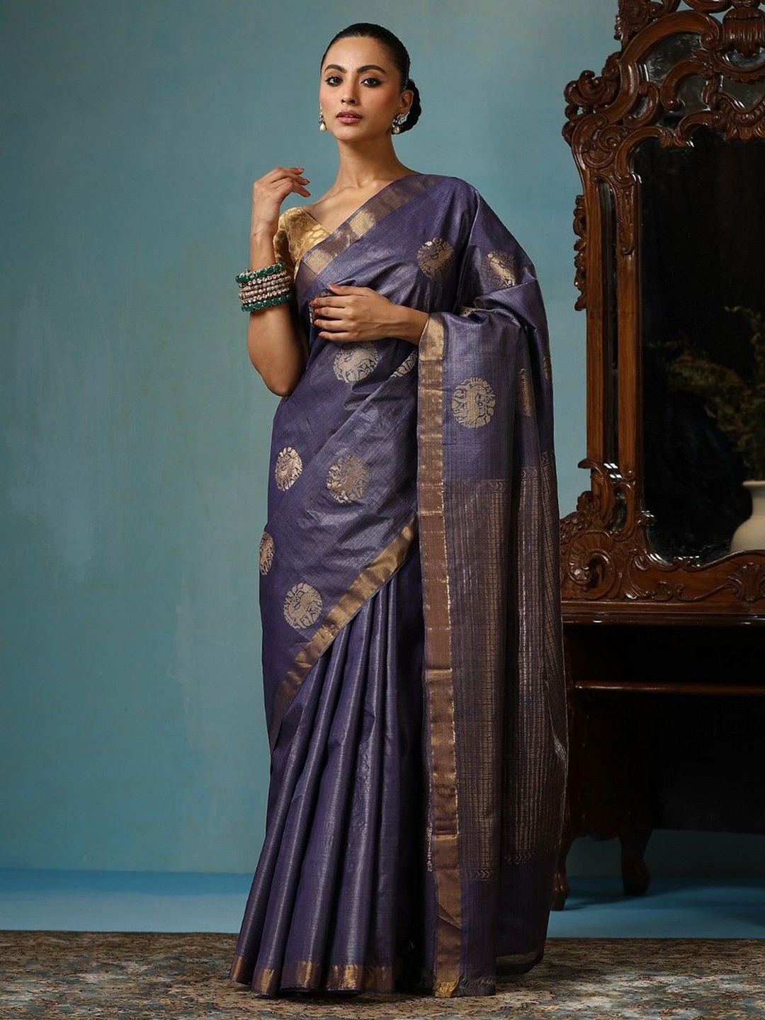 

DUSALA INDIA Woven Design Zari Saree, Grey