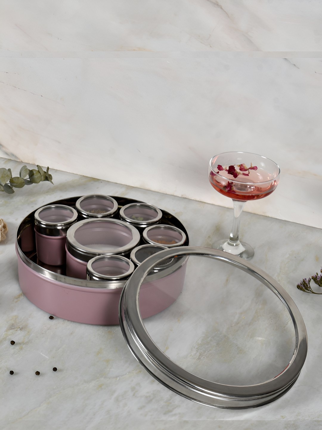 

Living With Elan Mauve 9 Compartment Stainless Steel Spice Box with Spoon