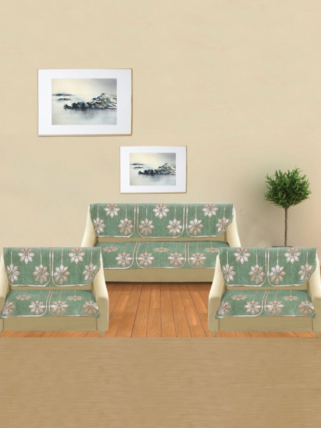

BREVARD Green & Gold Toned 14 Pieces Floral Printed 6 Seater Sofa Covers