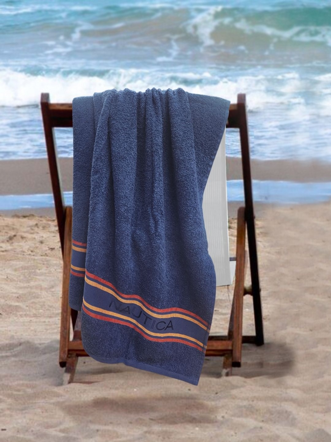 

Nautica Navy Blue & Orange Coloured Cotton 500 GSM Bath Towel