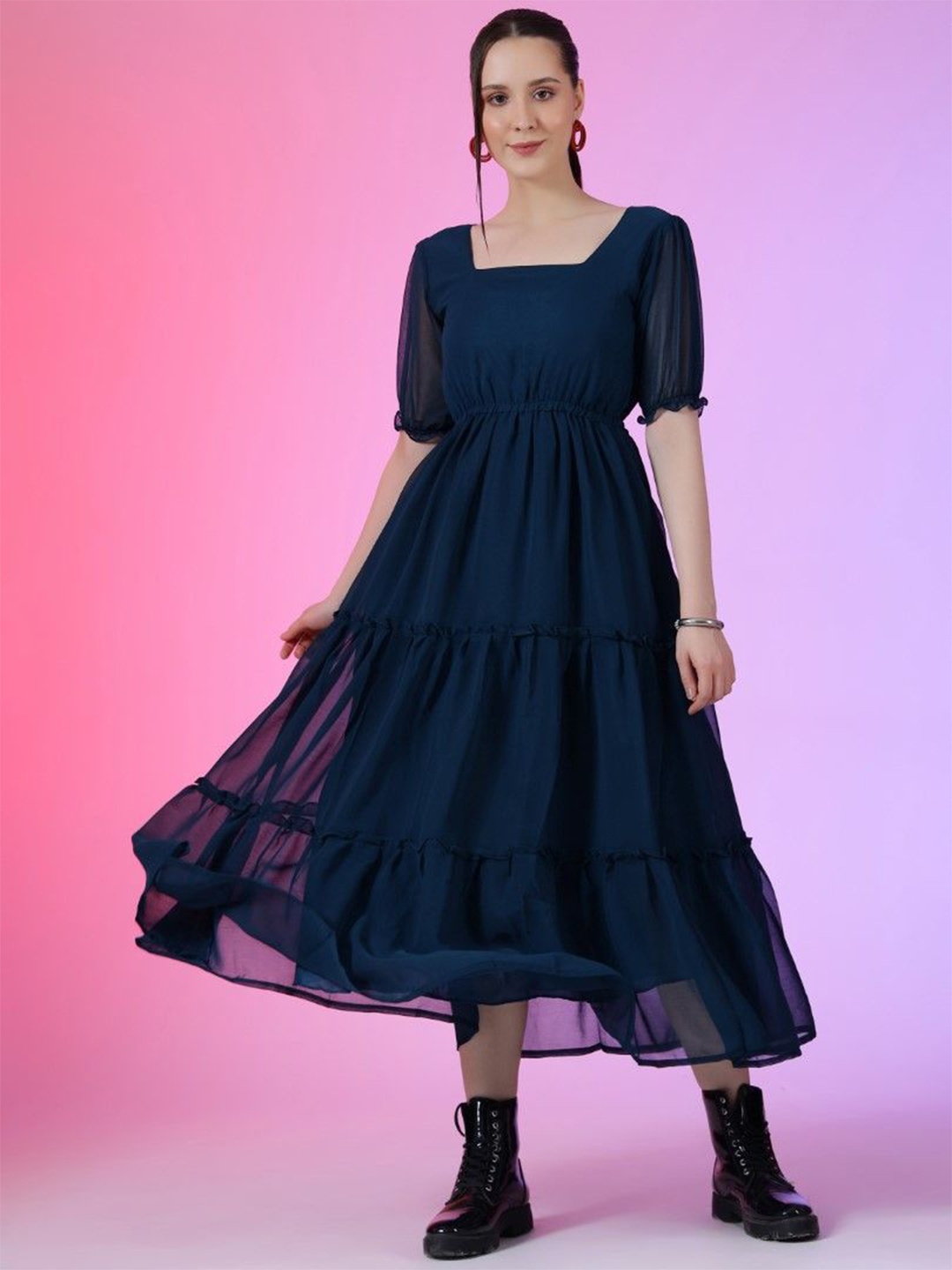 

Raiyani Enterprise Women Puff Sleeves Fit & Flare Midi Dress, Blue