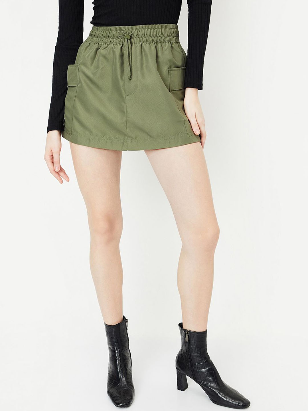 

max Women Solid Woven Mini Skort, Olive