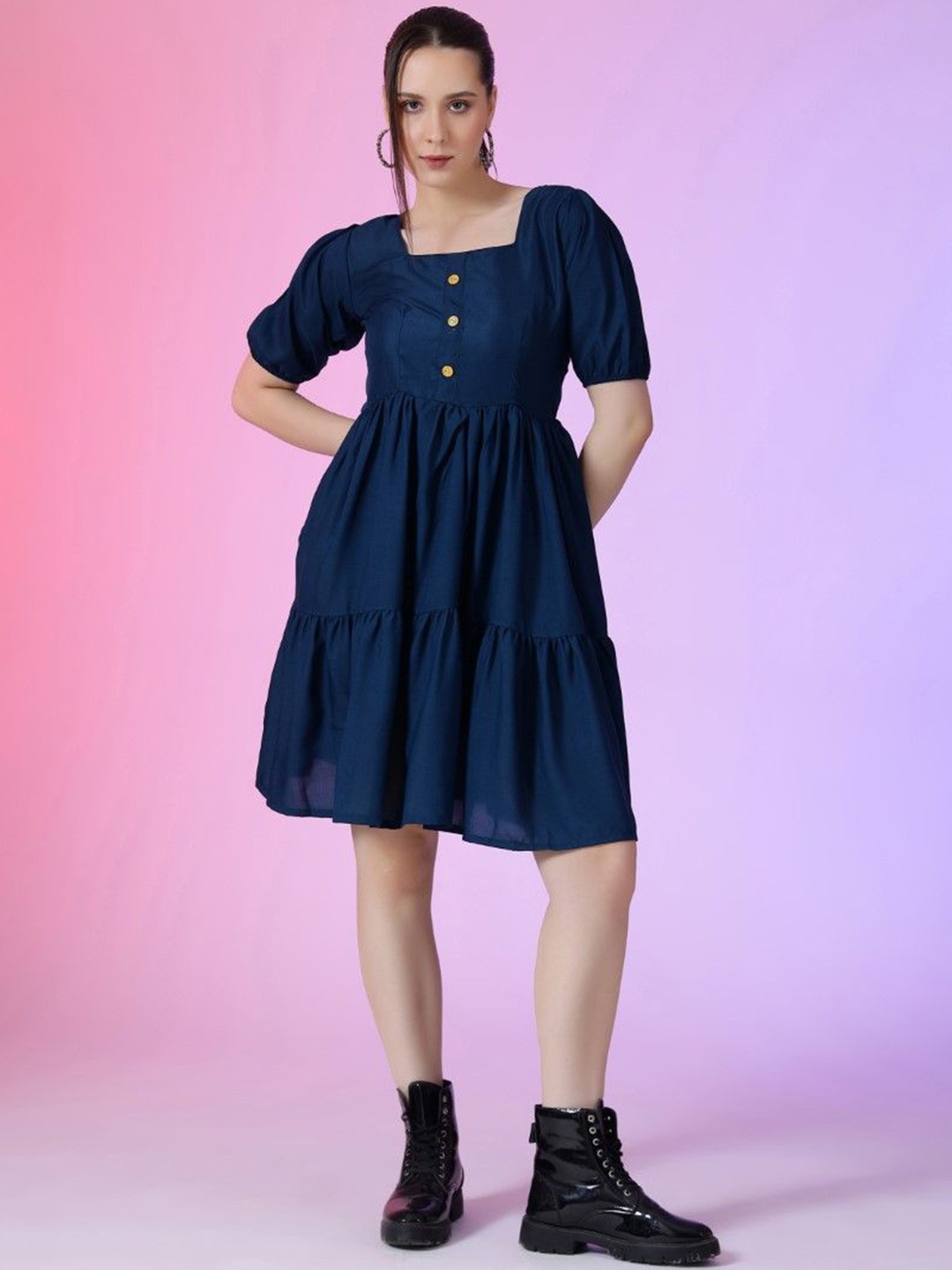 

Raiyani Enterprise Women Solid Puff Sleeve Fit & Flare Dress, Blue