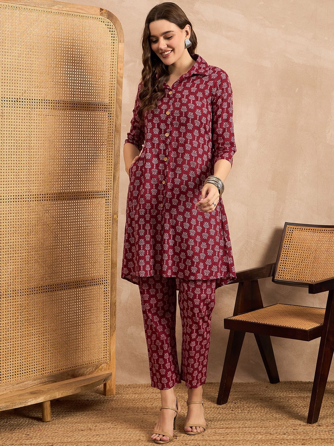 

BAESD Printed Shirt Collar Pure Cotton Tunic With Trouser, Maroon