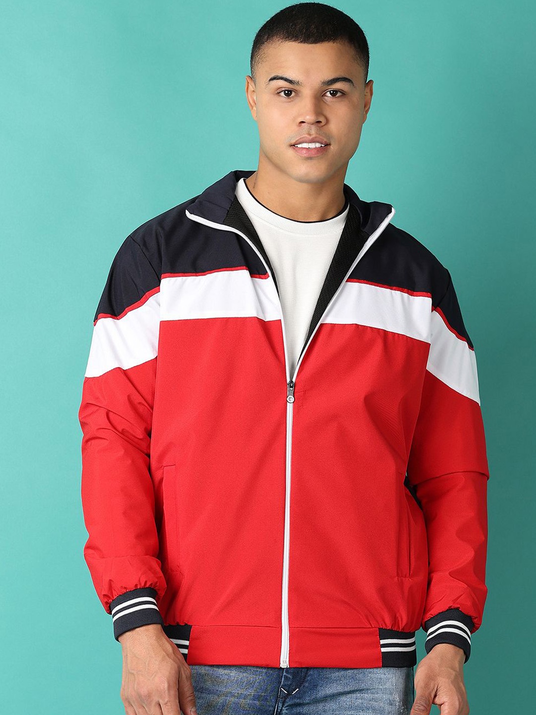 

V-Mart Men Mock Collar Colourblocked Casual Bomber Jacket, Red
