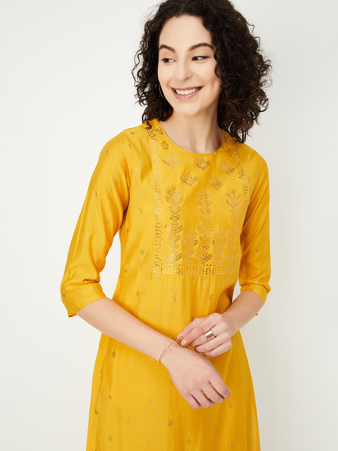 

max Ethnic Motifs Mukaish Work Round Neck Straight Kurta, Yellow
