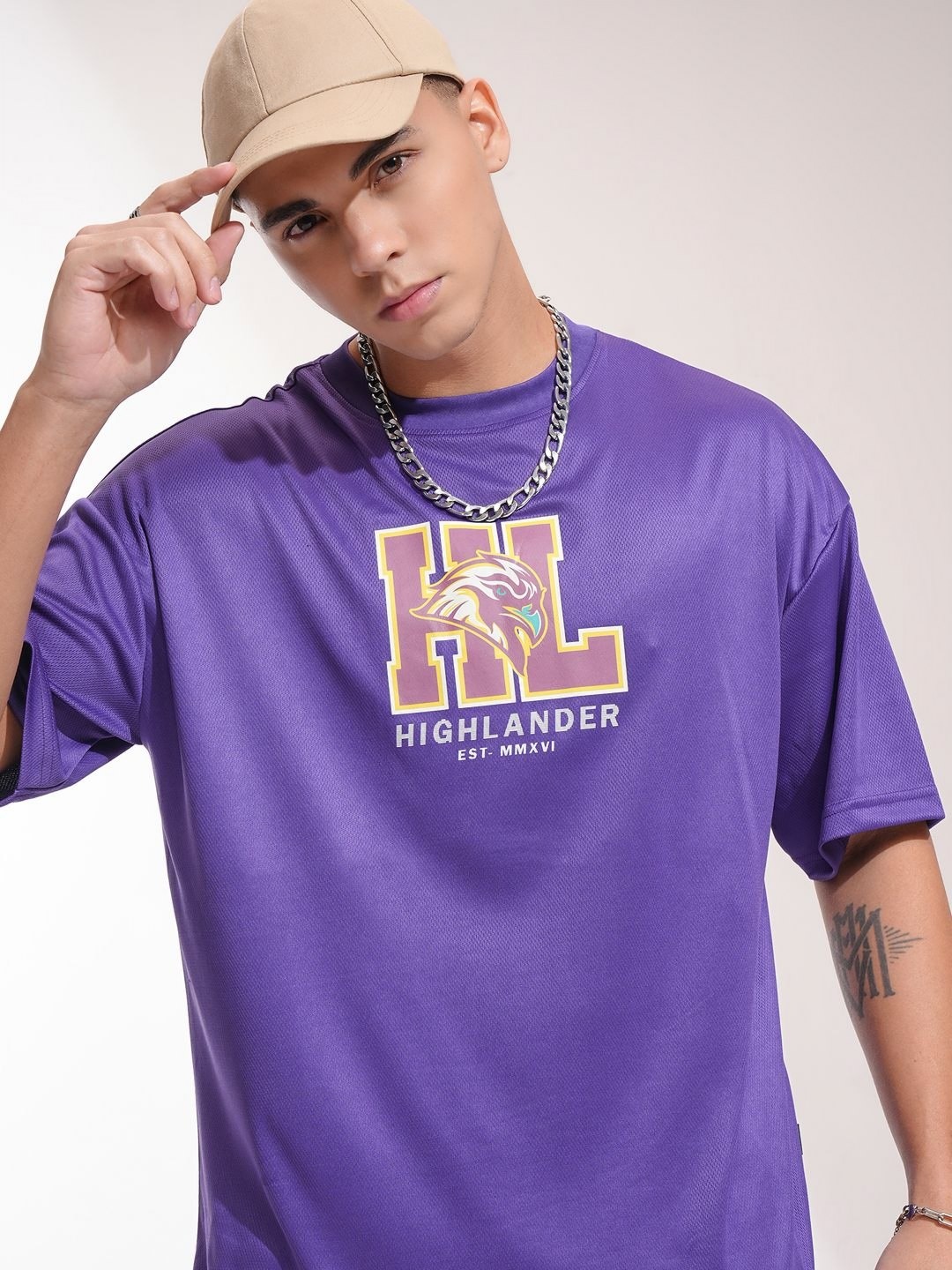 

HIGHLANDER Men Typography Printed Round Neck Oversized T-shirt, Purple
