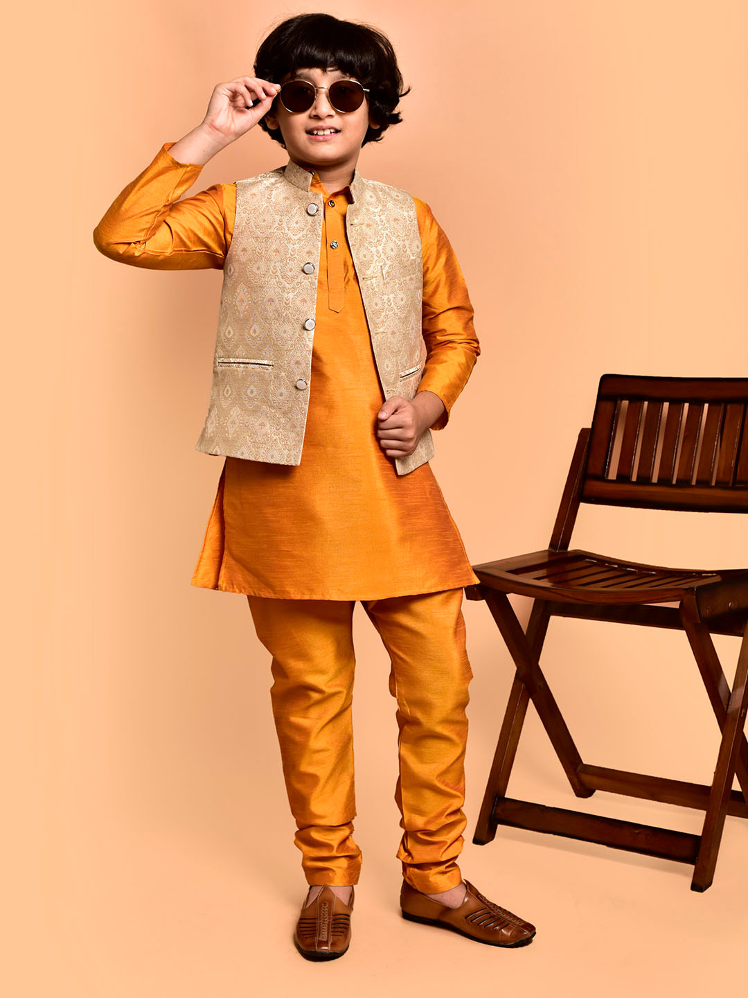 

PRINTCULTR Boys Mandarin Collar Straight Kurta With Churidar And Woven Design Nehru jacket, Yellow
