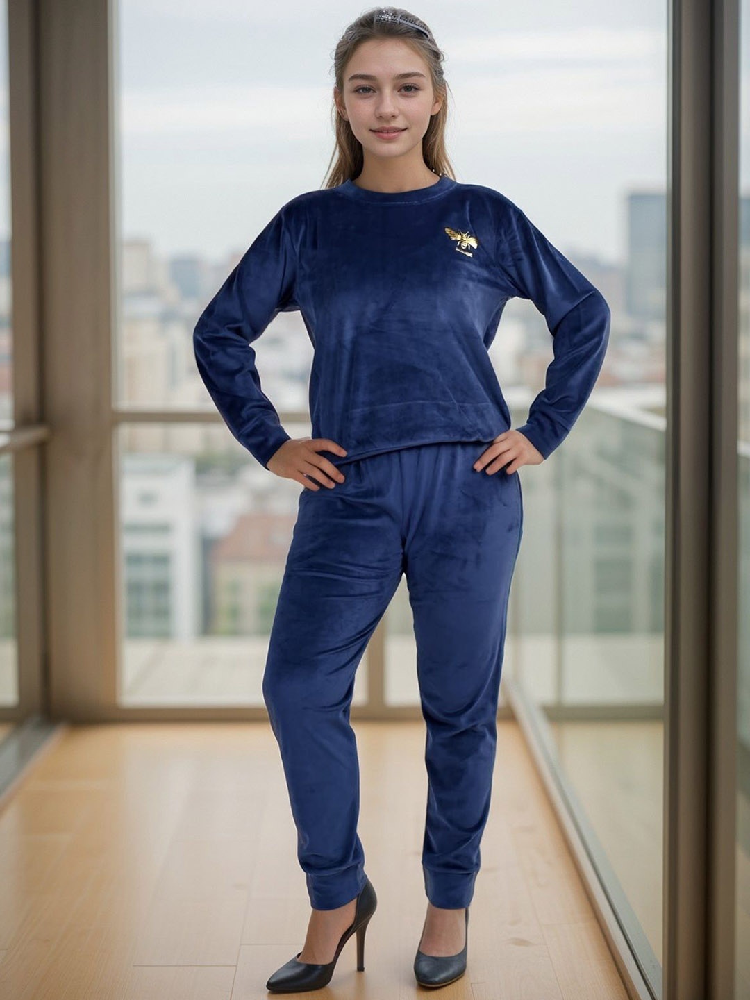 

BAESD Girls Round Neck Sweatshirt With Jogger, Navy blue