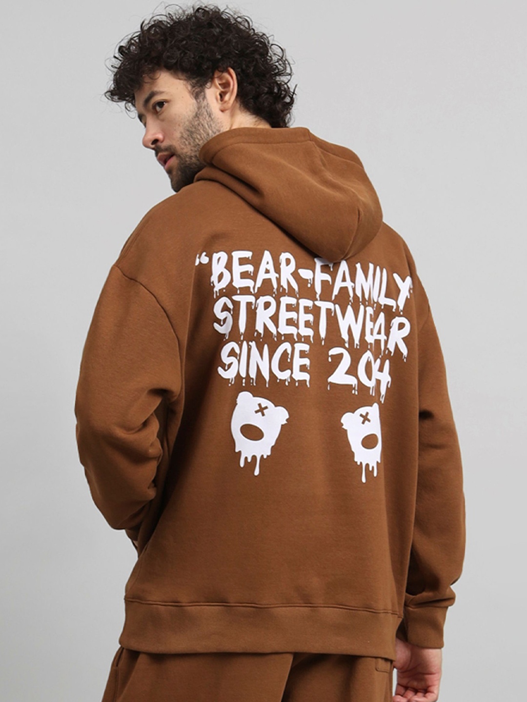 

GRIFFEL Men Typography Printed Hood Fleece Pullover Sweatshirt, Brown