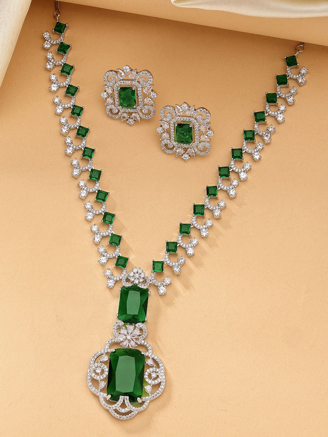

KARATCART Silver-Plated Cubic Zirconia Stone Studded Jewellery Set