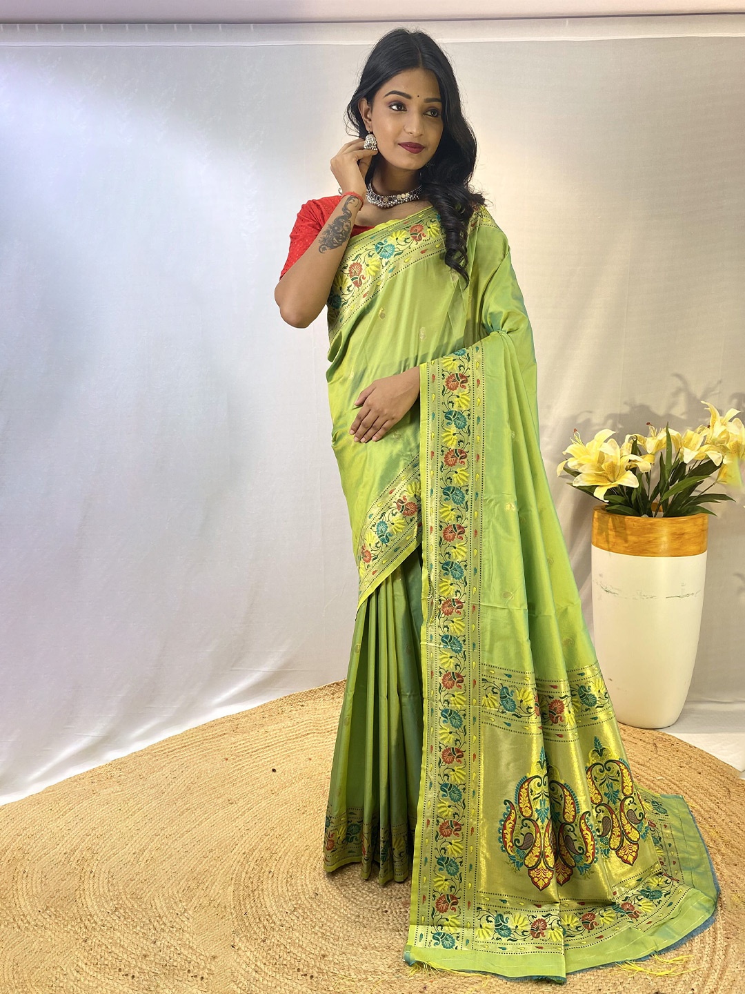 

DEVATITHI Ethnic Motifs Zari Paithani Saree, Lime green