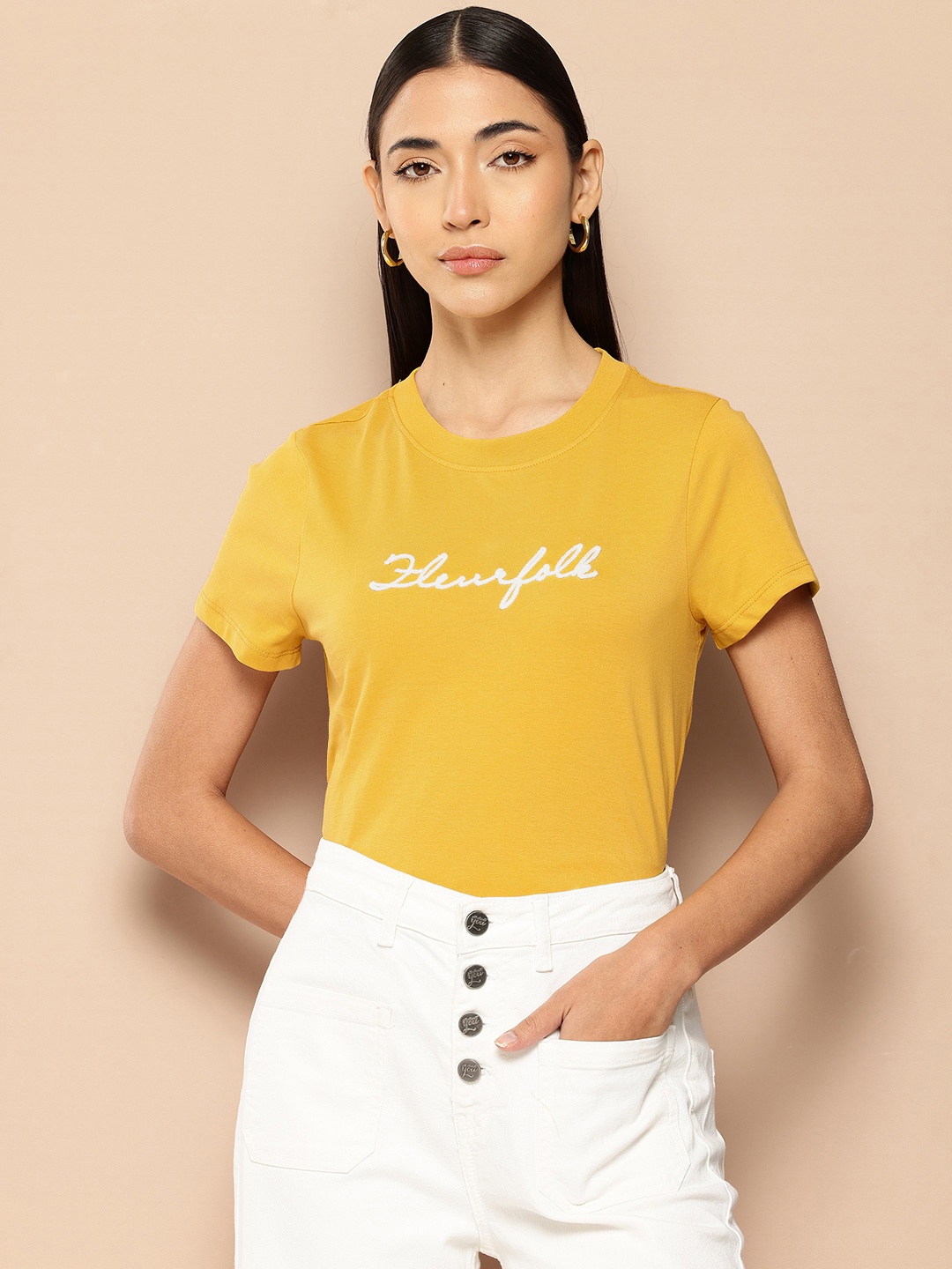 

Chemistry Women Pure Cotton T-shirt, Mustard