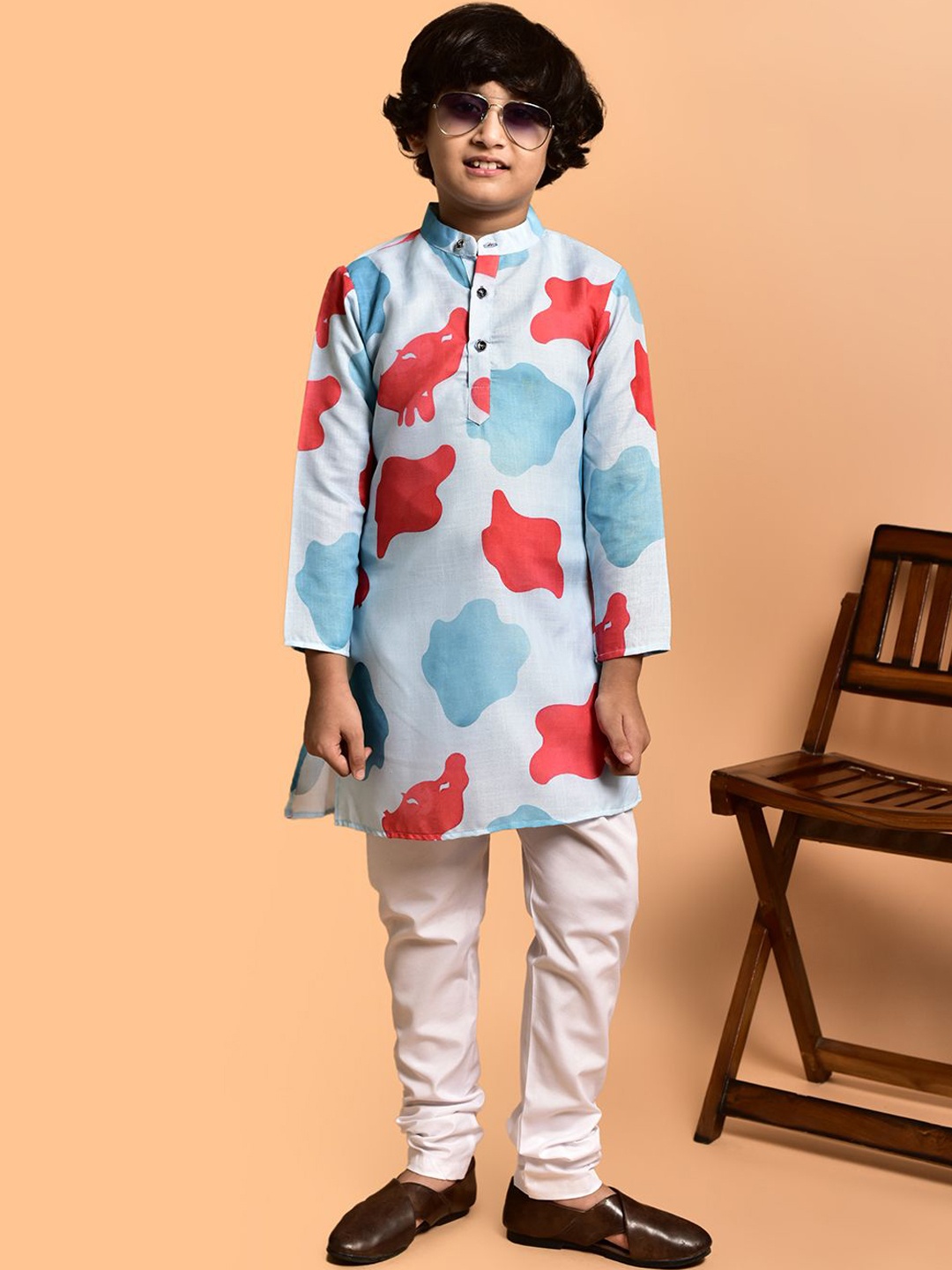 

PRINTCULTR Boys Printed Band Collar Cotton Straight Kurta, White