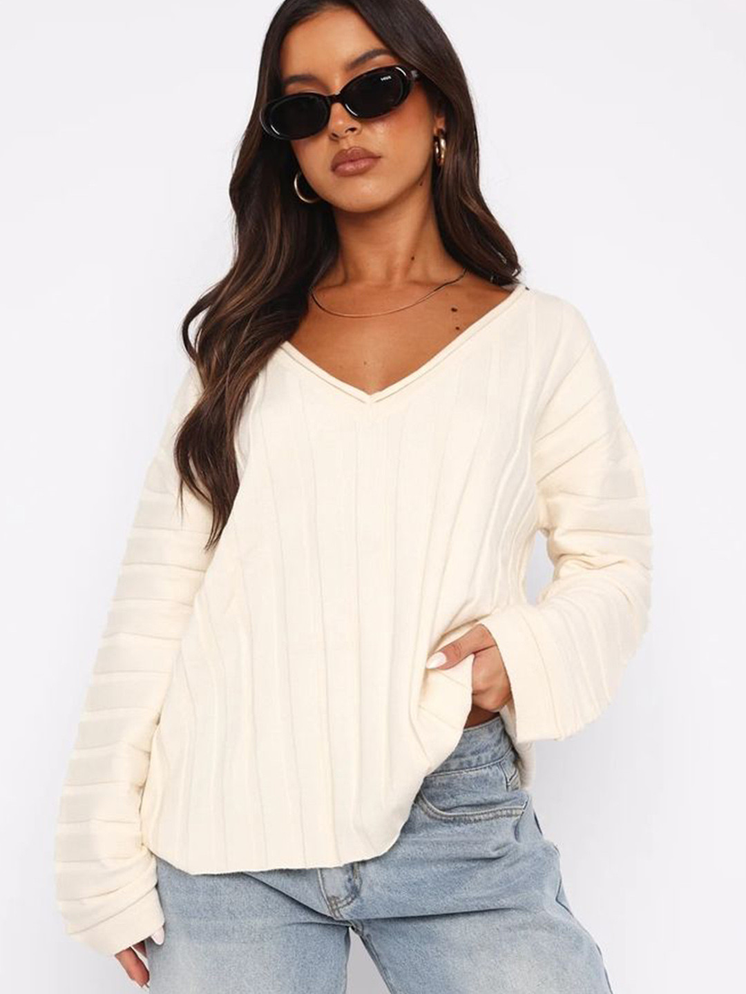 

LULU & SKY Women Self Design V-Neck Pullover Straight Sweater, Beige