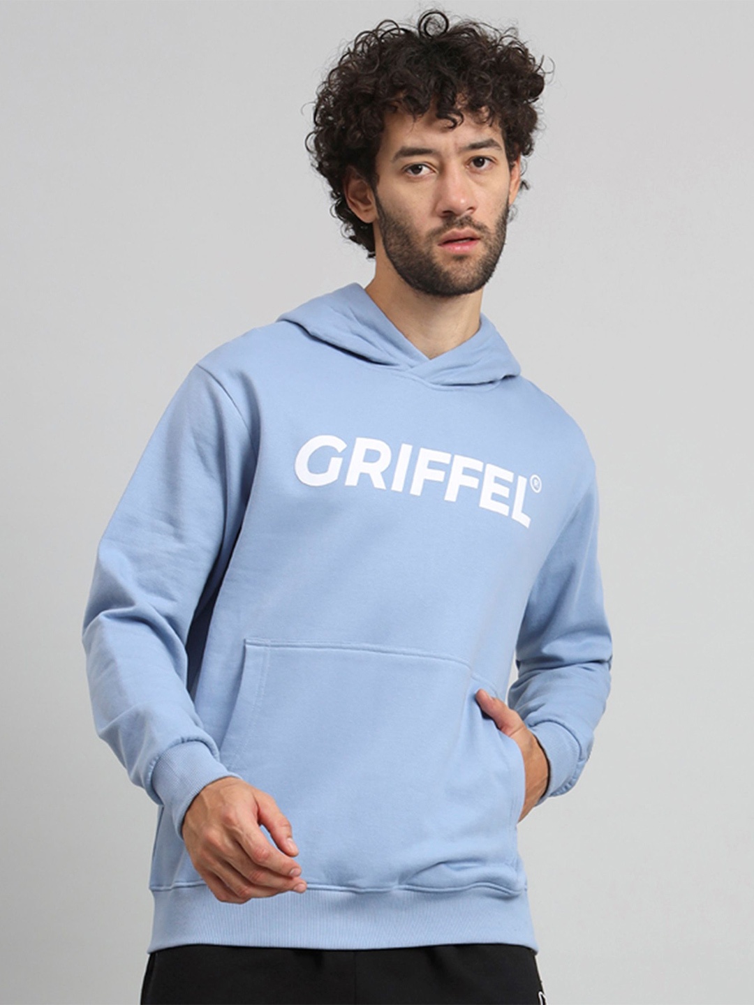 

GRIFFEL Men Typography Printed Hood Fleece Pullover Sweatshirt, Blue