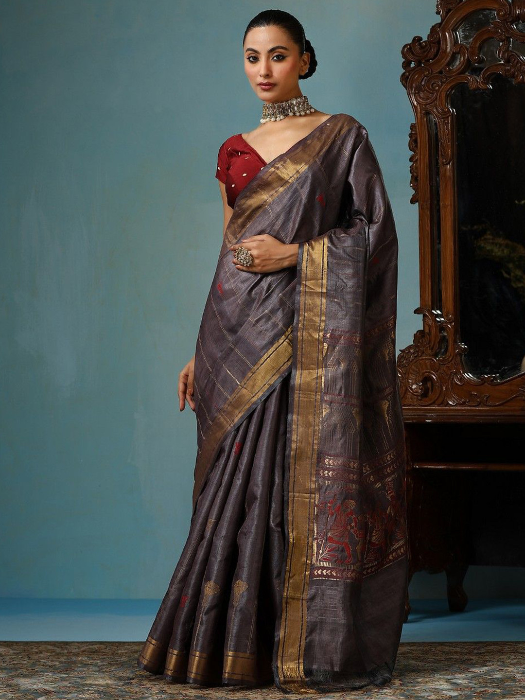 

DUSALA INDIA Woven Design Zari Saree, Grey