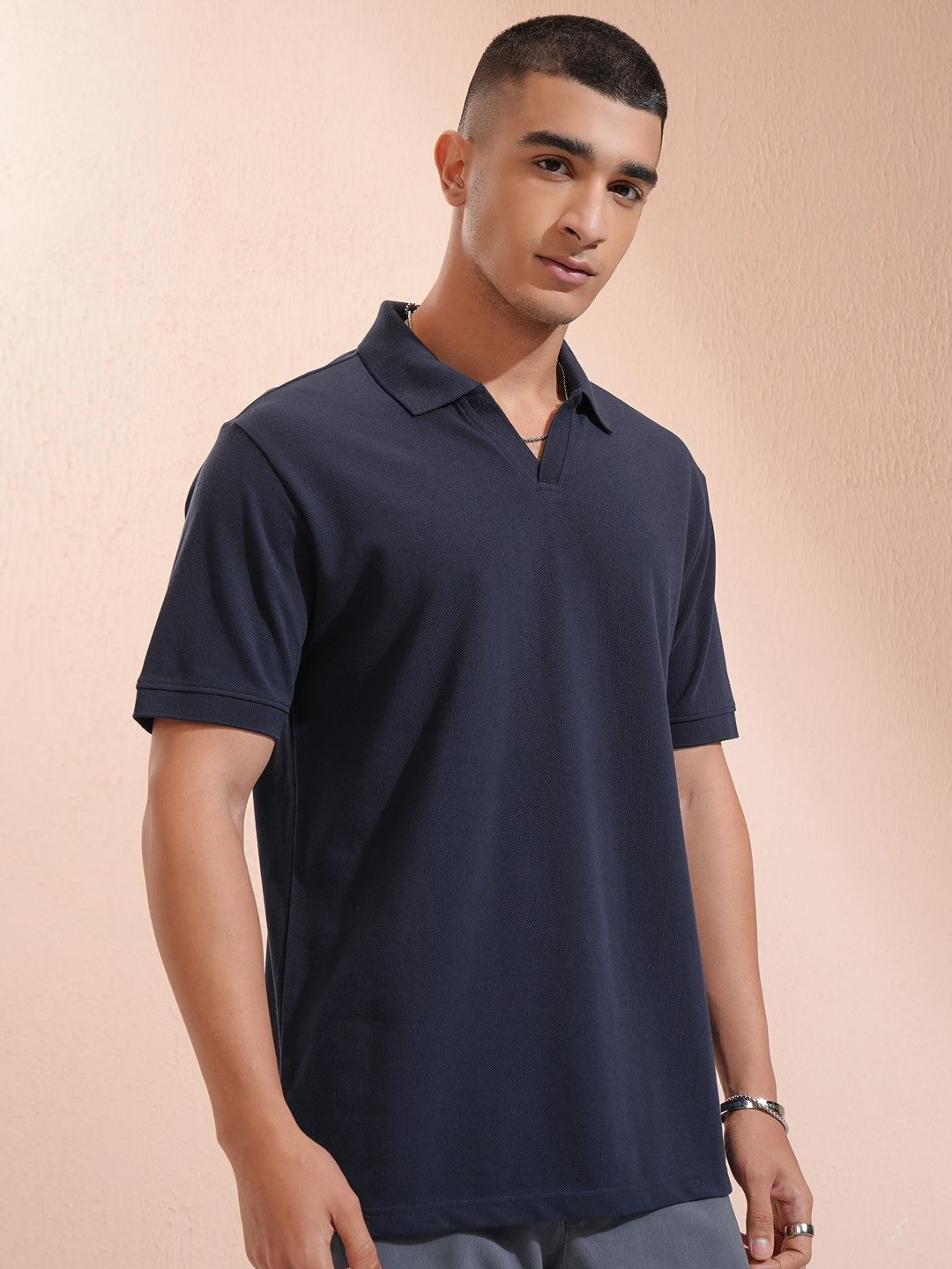 

HIGHLANDER Men Solid Polo Collar Cotton Relaxed Fit T-shirt, Navy blue