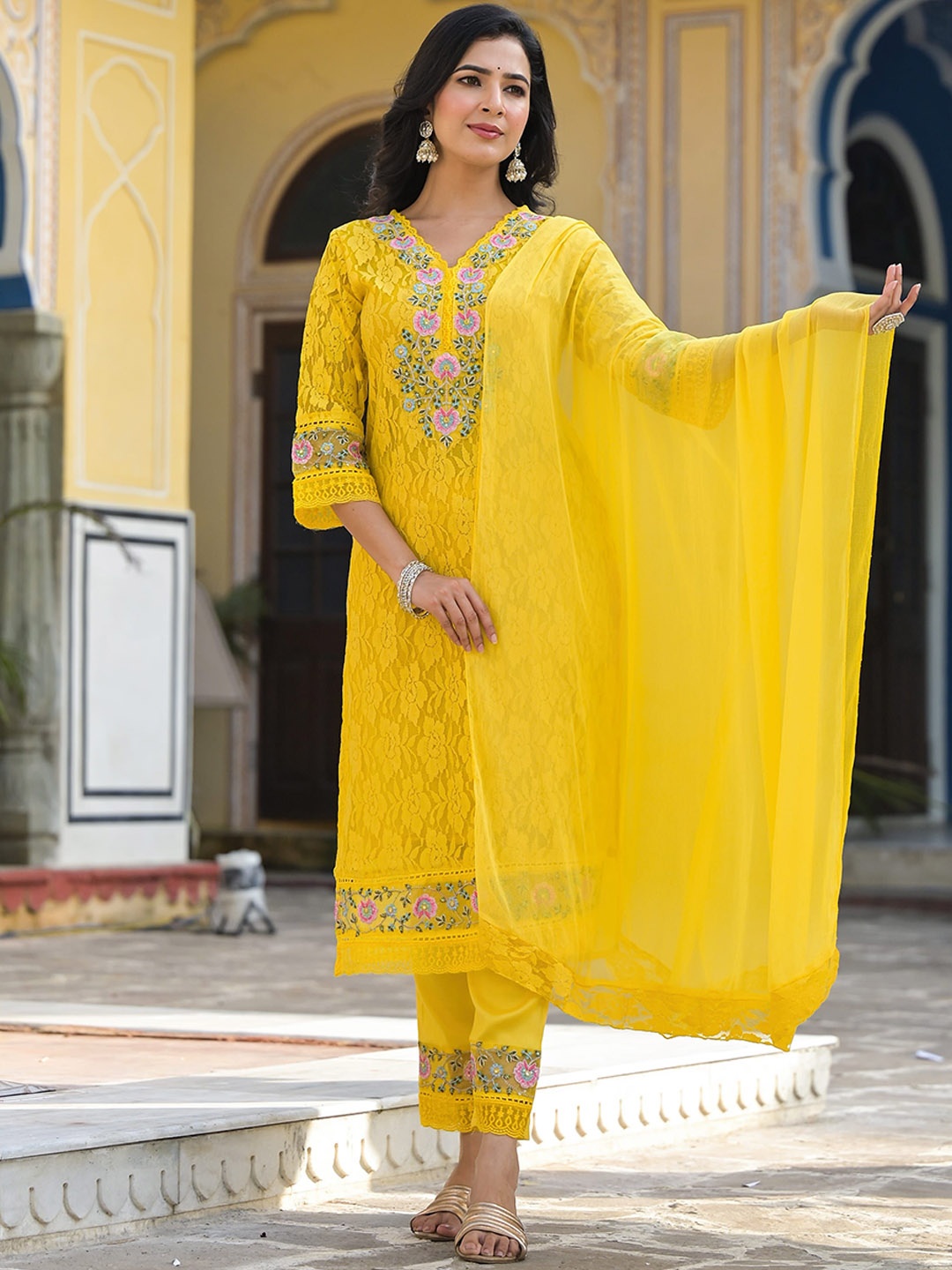 

KALINI Floral Embroidered Thread Work Kurta with Trousers & Dupatta, Yellow