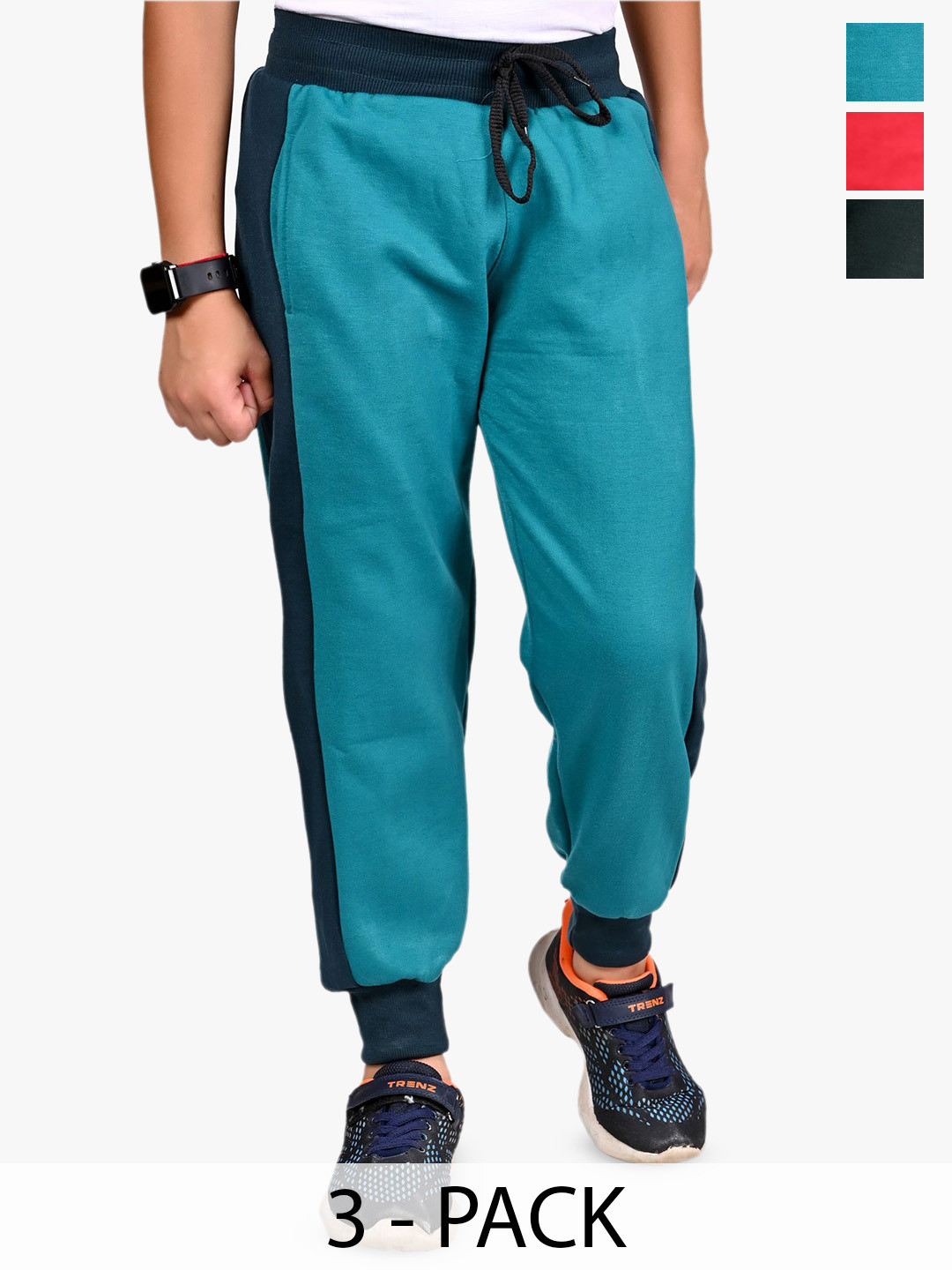 

BAESD Boys Pack Of 3 Colourblocked Mid-Rise Joggers, Teal