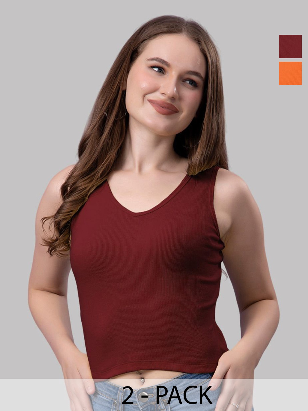 

Friskers Women Pack Of 2 Solid V-Neck Cotton Tops, Orange