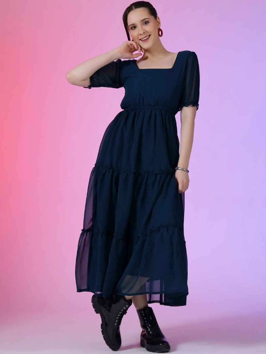 

Krunal Raiyani Solid Georgette Fit & Flare Midi Dress, Blue