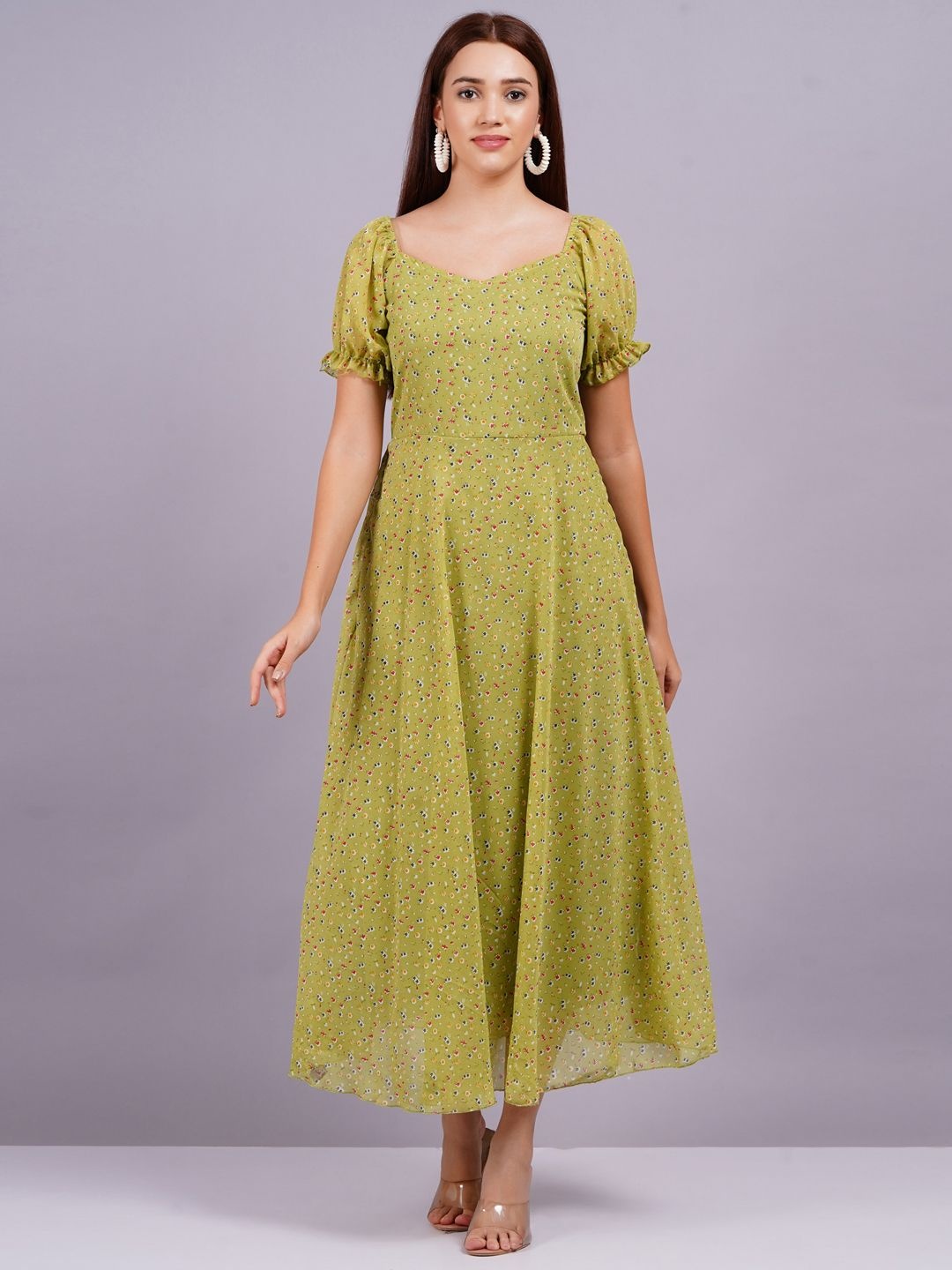 

KALINI Women Floral Print Georgette Fit & Flare Midi Dress, Lime green