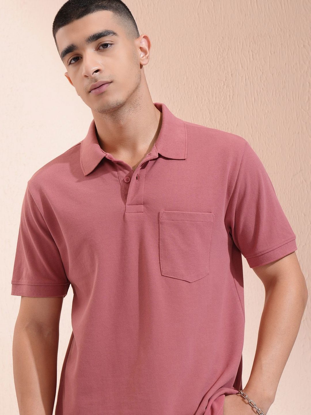 

HIGHLANDER Men Solid Polo Collar Cotton Relaxed Fit T-shirt, Pink