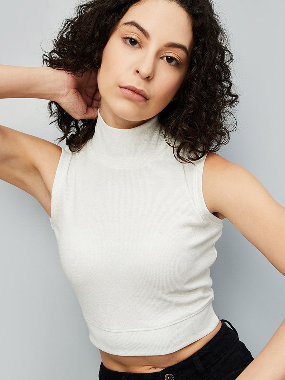

max Women Solid High Neck Top, Off white
