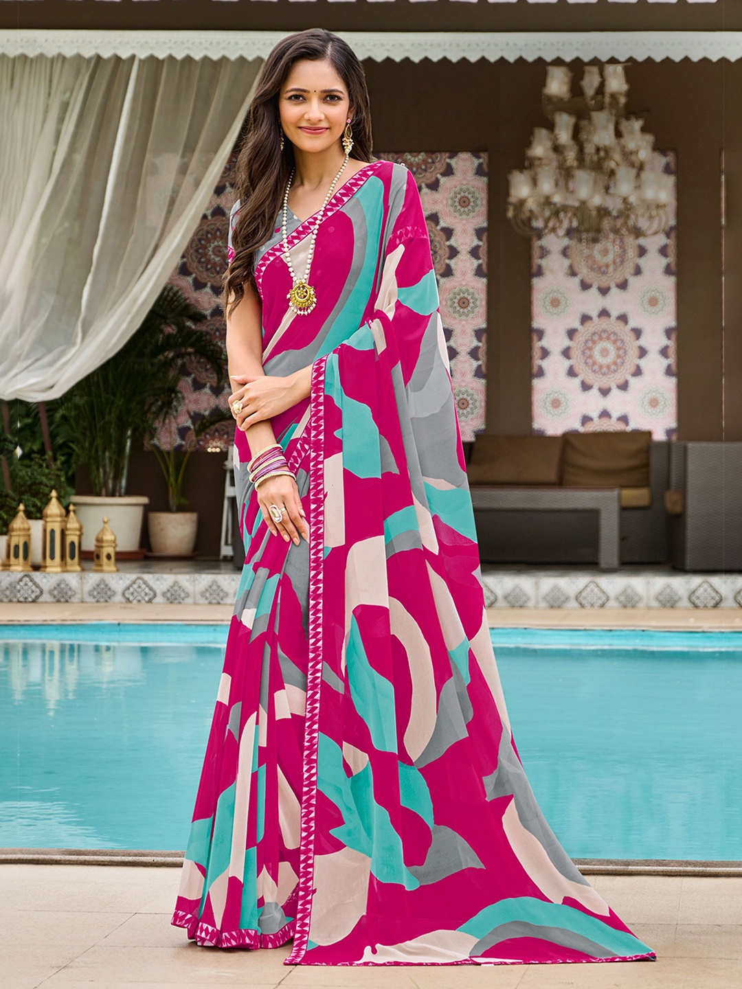 

Laxmipati Embroidered Poly Georgette Printed Saree, Pink